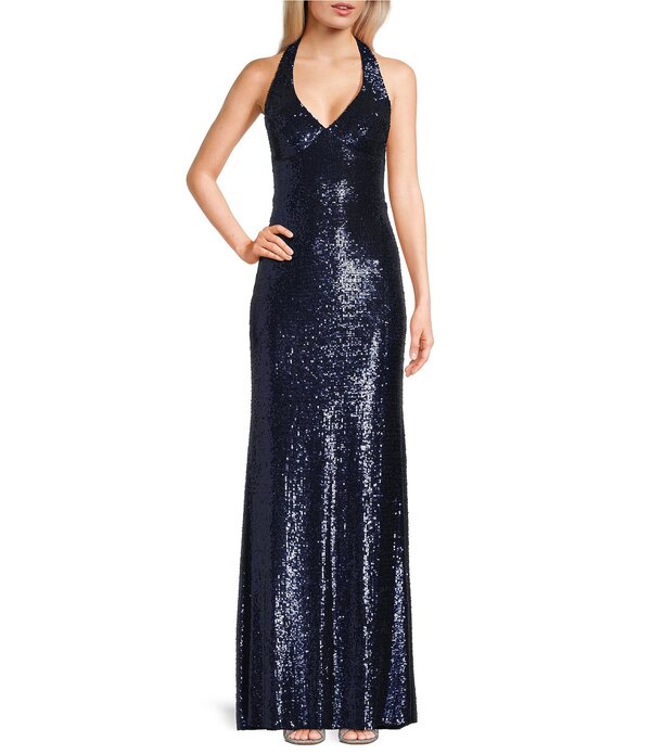 ビーダーリン レディース トップス 衣裳 Vのど首 スパンコール ノースリーブ ホルター B. Darlin Allover Sequin Sleeveless Halter V-Neck Dress Navy 米国海軍