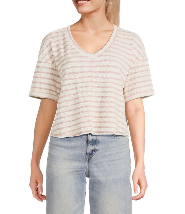 モアモア レディース トップス プルオーバー Vのど首 Moa Striped V-Neck Short Sleeve Top Natural Rosa 縞模様