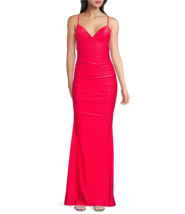 十二時 お人形さん レディース トップス 衣装 繻子 スピード競技 Midnight Doll Satin Rhinestone Strap Detailace-Up Back Long Dress Red/Coral 赤いこと