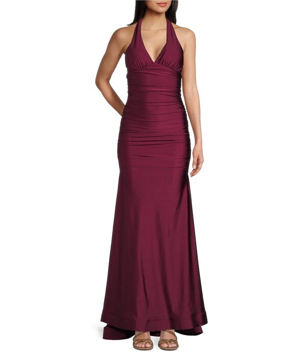 ハニーアンドロージー レディース トップス 衣装 Vのど首 ホルター Honey and Rosie Halter V-Neck Tie Back Cummerbund Waist Gown Wine ぶどう酒