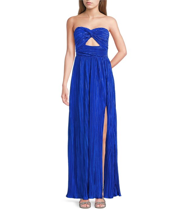 ルルズ レディース トップス 衣裳 カットアウト 繻子 ストラップレス Lulus Majestic Strapless Cut-out Satin Plisse Long Dress Royal Blue 青碧