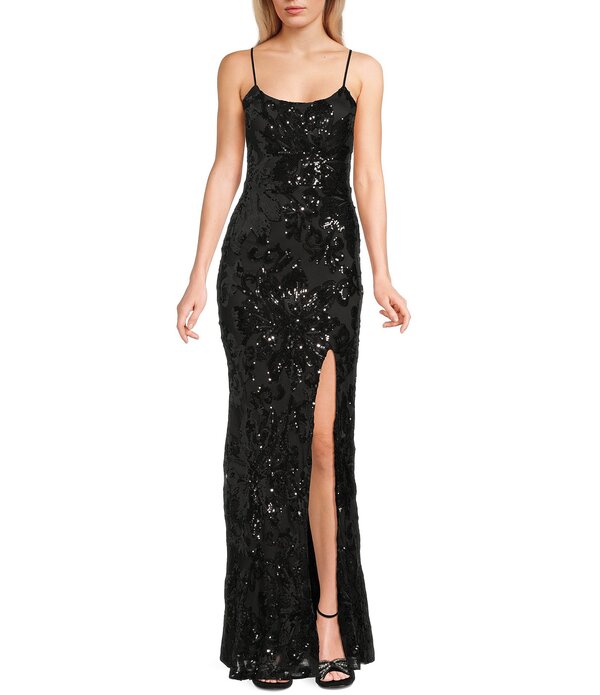 十二時 お人形さん レディース トップス 衣装 片方細長い切口 スパンコール Midnight Doll Patterned Sequin Scoop Neck Spaghetti Strap Side Slit Dress Black 黒いこと