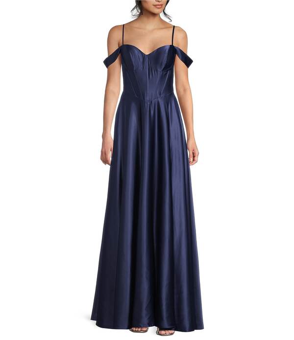ビーダーリン レディース トップス 衣装 A 生産ライン 向こう正面細長い切口 B. Darlin Sweetheart Off Shoulder Strap Front Slit A-Line Dress Navy 米国海軍