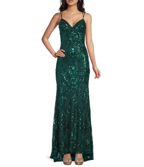 ビーダーリン レディース トップス 衣装 Vのど首 スパンコール スピード競技 B. Darlin Sequin Pattern V-Neck Double Spaghetti Strap Lace Up Back Dress Hunter