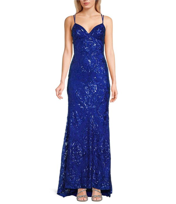 ビーダーリン レディース トップス 衣装 Vのど首 スパンコール スピード競技 B. Darlin Sequin Pattern V-Neck Double Spaghetti Strap Lace Up Back Dress Royal/Hologram