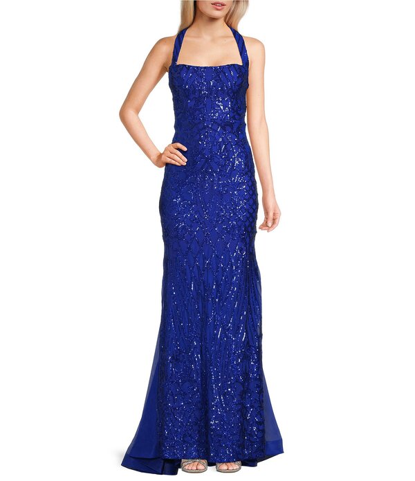 ビーダーリン レディース トップス ワンピースパンコール ホルター B. Darlin Sequin Pattern Square Neck Halter Godet Dress Electric Blue 青色