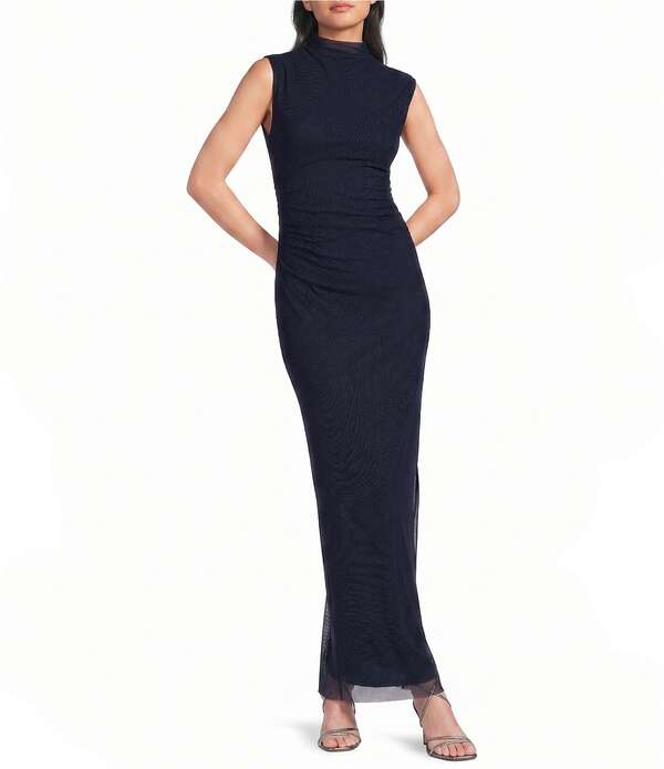 ジャンプ レディース トップス ワンピース サイドスリット モックネック メッシュ ノースリーブ Jump Mesh Mock Neck Sleevelesshirred Side Slit Dress Navy ネイビー|ReVida 店