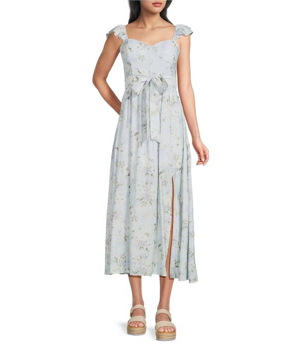 ブルーペッペーブルーペッパー レディース トップス 衣裳 御花柄 刷り上げる フラウンス MIDI 御花 Blu Pepper Floral Printed Ruffle Sleeve Sweetheart Neck Tie Front Midi Dress Light Blue 青碧