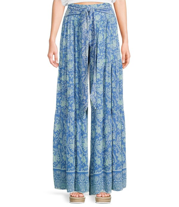 アンジー レディース ボトムス 心地よいズボン下 ワイドレッグ ティアード 刷り上げる Angie Printed Tiered Wide Leg Pants Blue 青碧