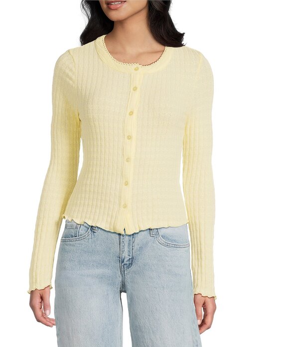 エモリー パーカー レディース トップス ティーシャツ ジレー 編み物 Emory Park Pointelle Knit Long Sleeve Fitted Button Front Cardigan Butter Yellow 黄色