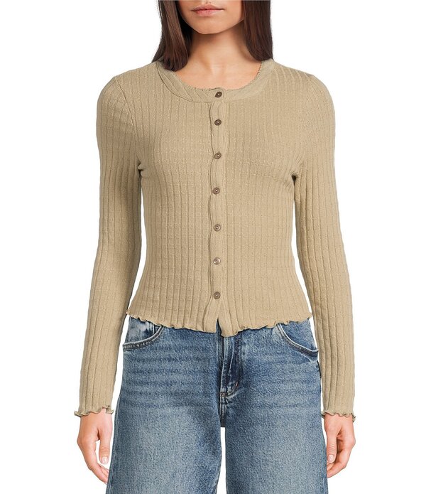 エモリー パーカー レディース トップス ティーシャツ ジレー 編み物 Emory Park Pointelle Knit Long Sleeve Fitted Button Front Cardigan Toffee