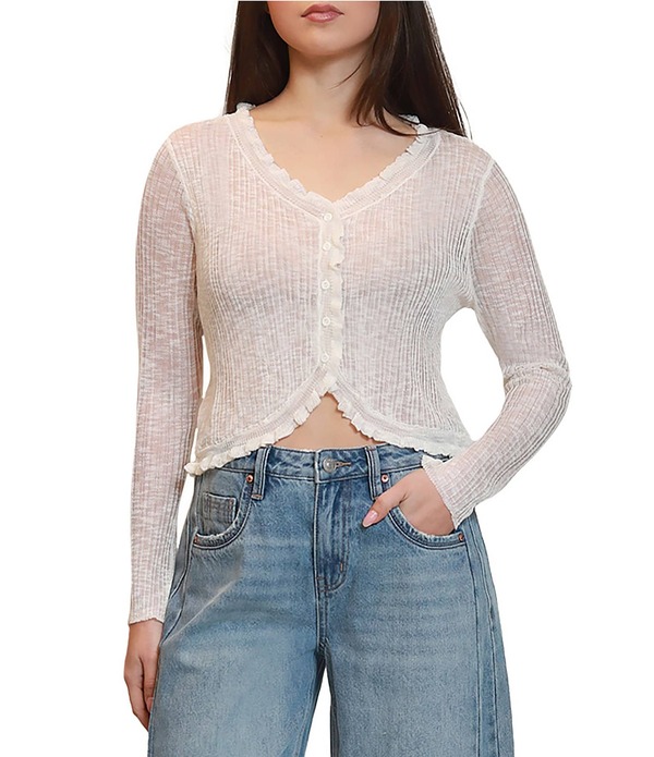 スティーブ マデン レディース トップス プルオーバー セミシアー Vのど首 フラウンス シアー ジレー Stevie By Steve Madden Semi Sheer V-Neck Long Sleeve Ruffle Trim Cardigan Egret