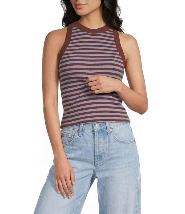 とっ始め販売店 レディース トップス プルオーバー 肋筋 編み物 TOPSHOP Knit Ribbed Stripe Racerback Tank Top Brown 赤銅色