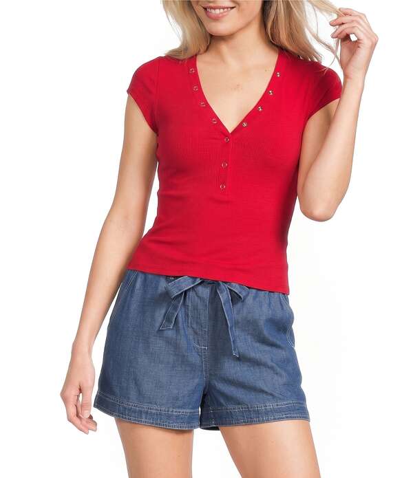 ブルーペッペーブルーペッパー レディース トップス ティーシャツ Vのど首 編み物 Blu Pepper V-Neck Short Sleeve Half Snap Button Knitop Red 赤いこと