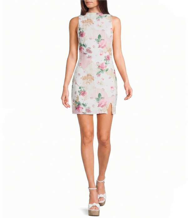 エモリー パーカー レディース トップス 衣裳 モックネック お花柄 刷り上げる ミニ メッシュ お花 Emory Park Mesh Floral Printed Mock Neck Mini Dress Ivory Rose 象牙色