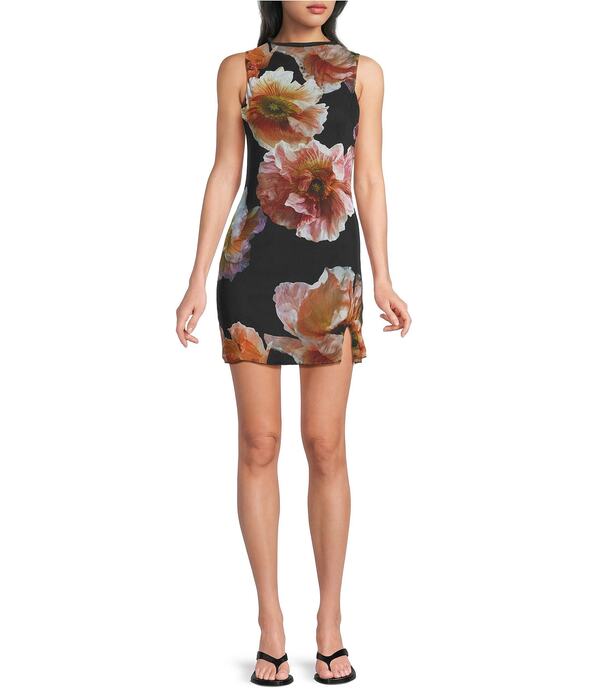 エモリー パーカー レディース トップス ワンピース モックネック フラワー柄 プリント ミニ メッシュ フラワー Emory Park Mesh Floral Printed Mock Neck Mini Dress Black Floral ブラック｜ReVida 店