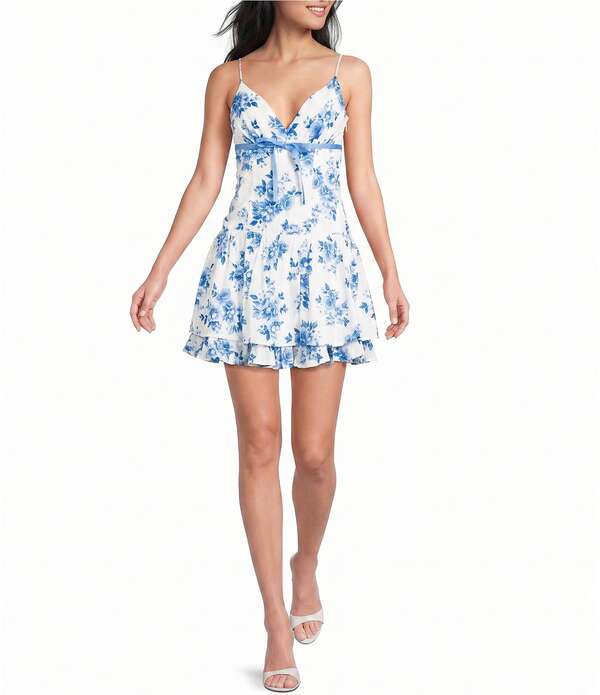 ミッドナイト ドール レディース トップス ワンピース Vネック フラワー柄 プリント レース フラワー Midnight Doll Textured Floral Printed V-Neck Tie Front Drop Waist Lace Up Back Dress White/Blue ホワイト|ReVida 店