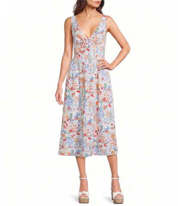 ミッドナイト ドール レディース トップス ワンピース Vネック プリント パッチワーク ミディ Midnight Doll Patchwork Printed V-neck Tie Front Midi Dress Ivory Multi アイボリー|ReVida 店
