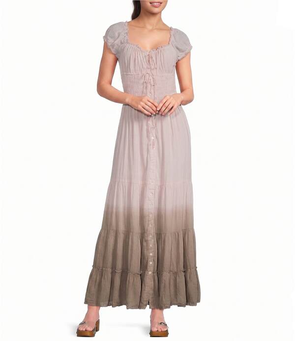 アーバンアウトフィッターズ レディース トップス 衣装 マキシ BDG Urban Outfittersamira Square Tie Front Neckline Short Sleeve Ombre Maxi Dress Pink サクラ色
