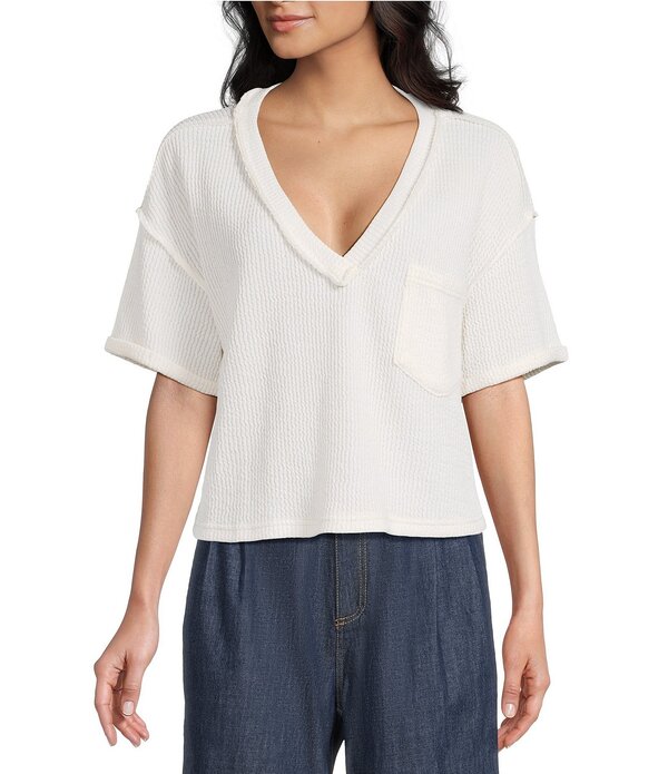 ブルーペッペーブルーペッパー レディース トップス プルオーバー Vのど首 編み物 Blu Pepper Knit V-Neck Pocket Short Sleeve T-Shirt Ivory 象牙色