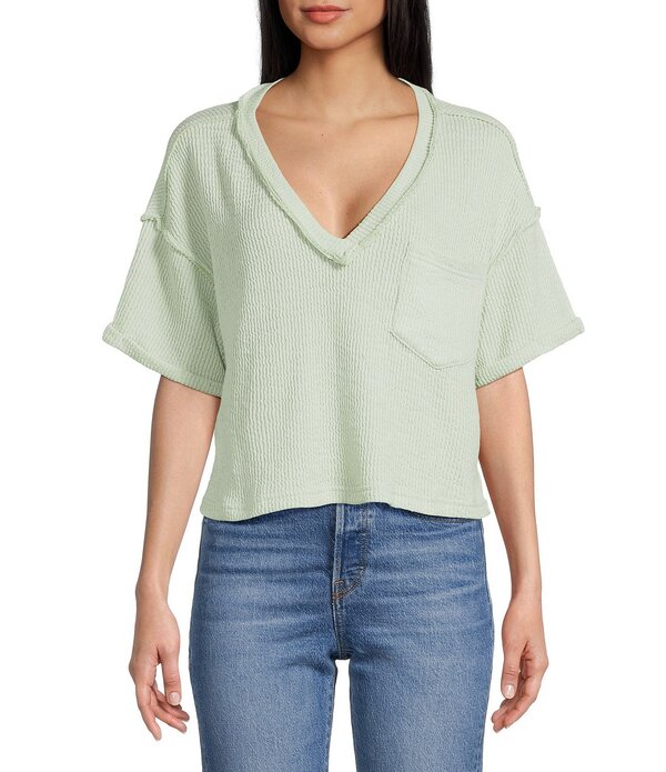 ブルーペッペーブルーペッパー レディース トップス プルオーバー Vのど首 編み物 Blu Pepper Knit V-Neck Pocket Short Sleeve T-Shirt Light Green 緑であること