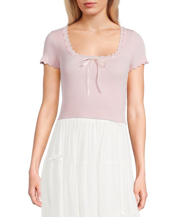 ブルーペッペーブルーペッパー レディース トップス プルオーバー フラウンス Blu Pepperuffled Short Sleeve Square Neck Tie Front Crop Topink さくら色
