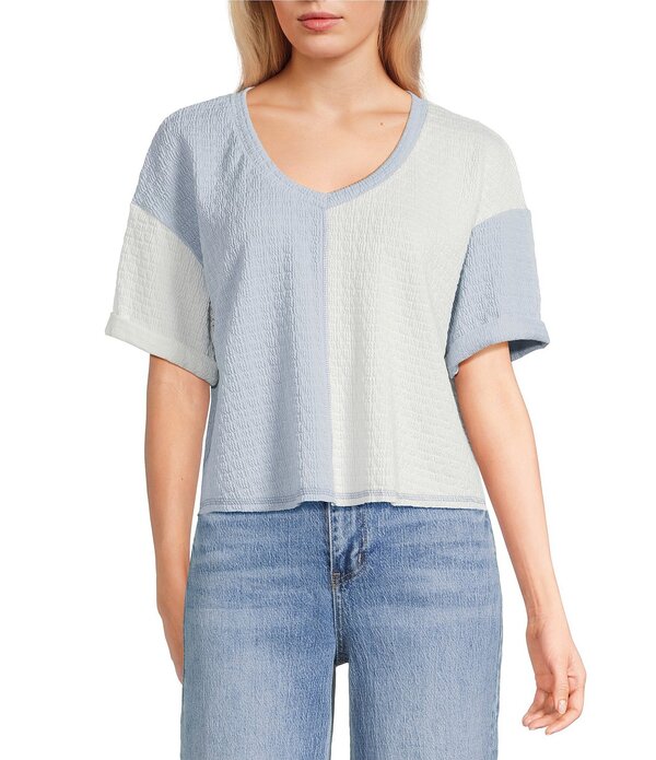 モアモア レディース トップス プルオーバー Vネックロップド Moa Color Blocked V-Neck Short Sleeve Pullover Cropped Top Light Blue/Off White 象牙色