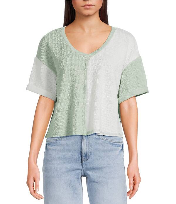 モアモア レディース トップス プルオーバー Vネックロップド Moa Color Blocked V-Neck Short Sleeve Pullover Cropped Top Sage/Off White 象牙色