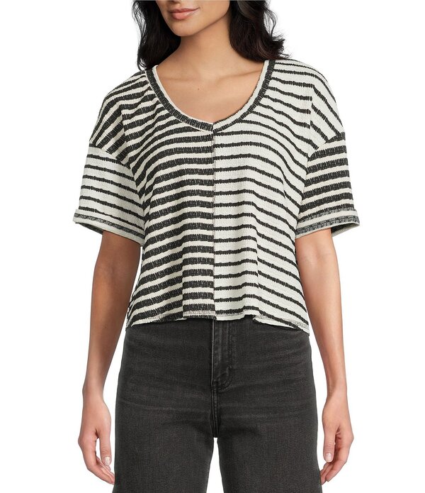 モアモア レディース トップス プルオーバー Vネックロップド Moa Striped V- Neck Short Sleeve Cropped Top Cream/Black 皮膚軟化剤
