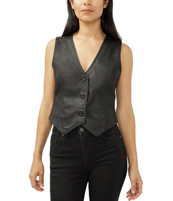 しろがね色 デニム レディース トップス プルオーバー より良い ノースリーブ 厚地の外套 ジーンズ Silver Jeans Co. Sleeveless Coatedenim Vest Black 黒いこと