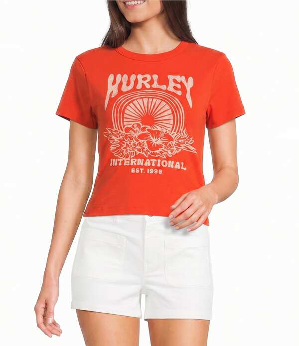 ハーレー レディース トップス ティーシャツ お花柄 刷り上げる お花 グラフィック Hurley Solice Topical Floral Print Short Sleeve Graphic Baby T-Shirt Cherry Tomato