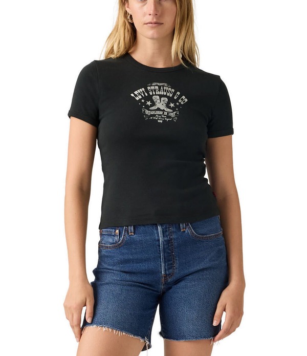 リーヴァイズジーンズ レディース トップス プルオーバー か細い相応う Levi\u0027sRickie Slim Fit Short Sleeve Ringer T-Shirt Black 黒いこと