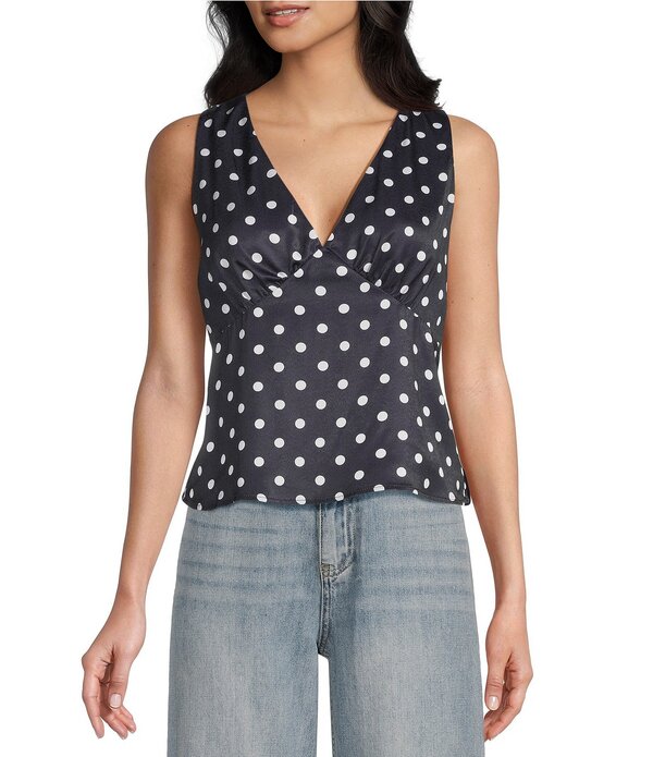 ダブル無し レディース トップス プルオーバー 一点柄 Vのど首 一点 繻子 Double Zero Satin Polka Dot V-Neck Top Black 黒いこと