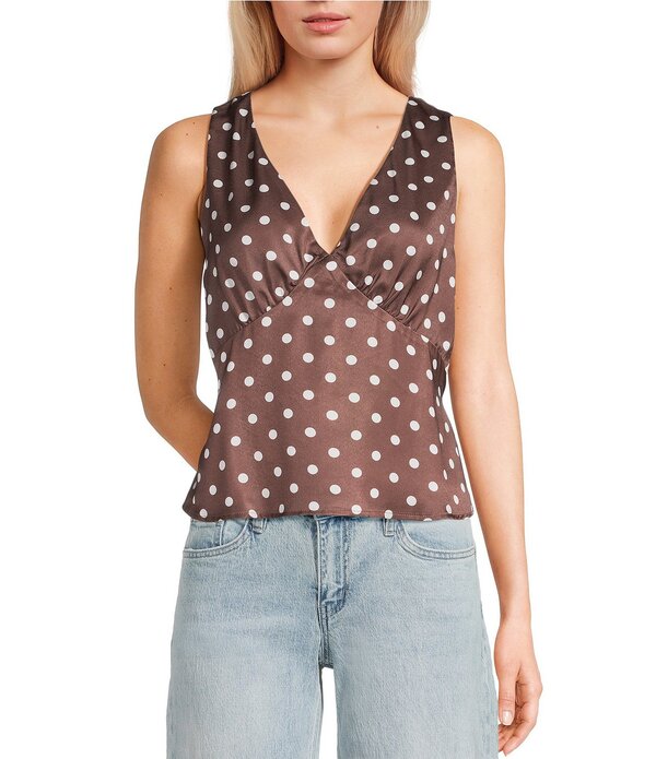 ダブル無し レディース トップス プルオーバー 一点柄 Vのど首 一点 繻子 Double Zero Satin Polka Dot V-Neck Top Chocolate 黒茶