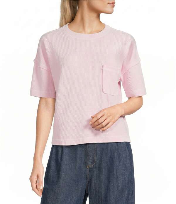 ブルーペッペーブルーペッパー レディース トップス プルオーバー 労働者の一団のど首 編み物 Blu Pepper Textured Knit Crewneck Short Sleeve Pocketee Light Pink さくら色