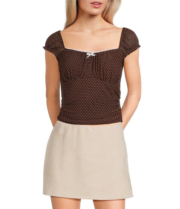 モアモア レディース トップス プルオーバー Moa Dotted Short Sleeve Square Neck Top Brown 赤銅色