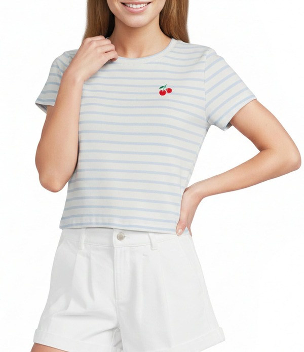 カッパーキー レディース トップス ティーシャツ 刺しゅう Copper Key Embroidered Cherry Striped Baby T-Shirt Blue/White 白いこと