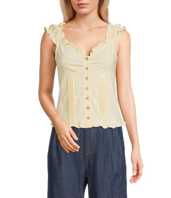 ブルーペッペーブルーペッパー レディース トップス プルオーバー Vのど首 旗がしら Blu Pepper V-Neck Cap Sleeve Button Frontank Top Butter Yellow 黄色