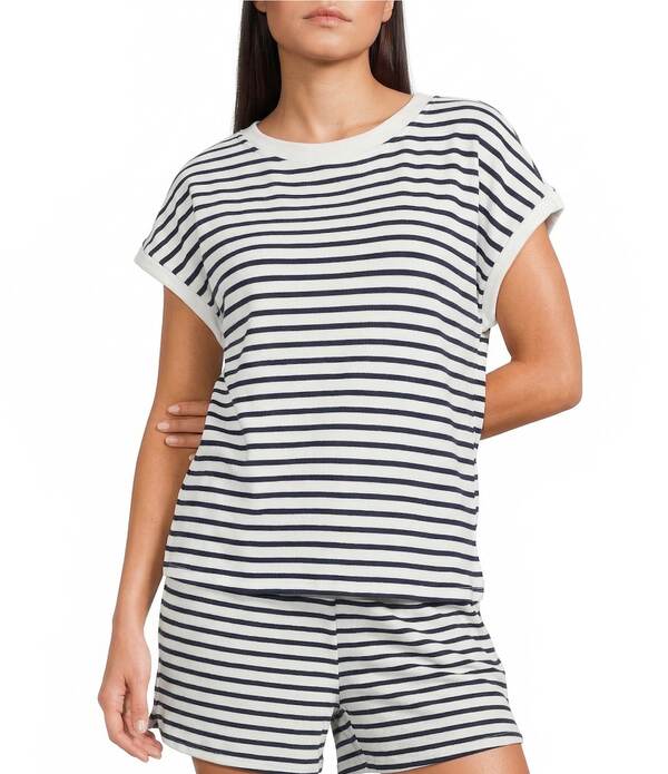 ブルーペッペーブルーペッパー レディース トップス プルオーバー 労働者の一団のど首 Blu Pepper Coordinating Striped Short Sleeve Crew Neck Top Navy 米国海軍