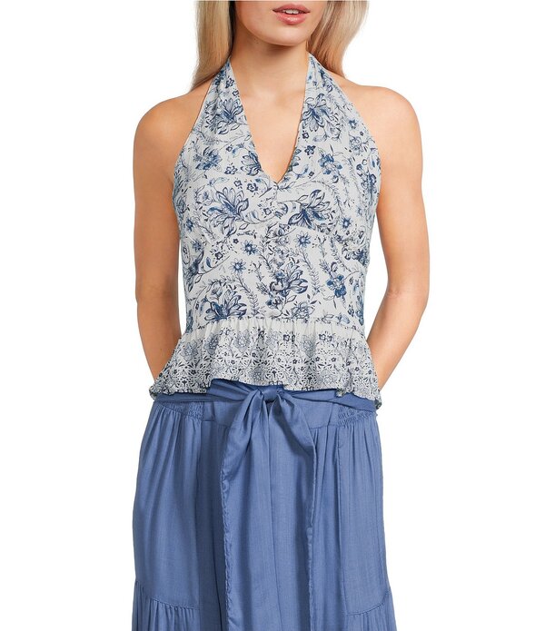 アンジー レディース トップス プルオーバー Vのど首 御花柄 刷り上げる 御花 ホルター Angie Floral Printed Halter V-Neck Button Frontop White/Blue 白いこと