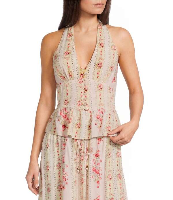 アンジー レディース トップス プルオーバー Vのど首 御花柄 刷り上げる 御花 ホルター Angie Floral Printed Halter V-Neck Button Frontop Yellow 黄色