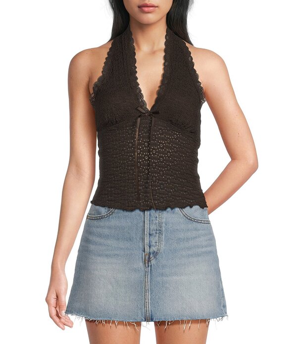 モアモア レディース トップス プルオーバー Vのど首 ホルター Moa Halter V-Neck Bow Frontop Brown 赤銅色
