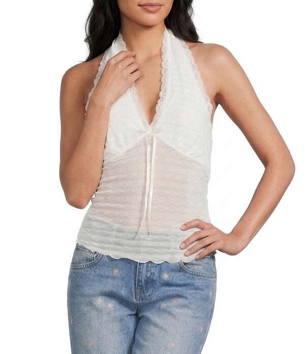 モアモア レディース トップス プルオーバー Vのど首 ホルター Moa Halter V-Neck Bow Frontop Ivory 象牙色