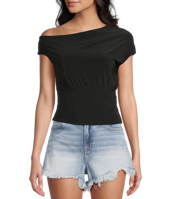 モアモア レディース トップス プルオーバー 非対称 Moa Short Sleeve Asymmetrical Neck Top Black 黒いこと