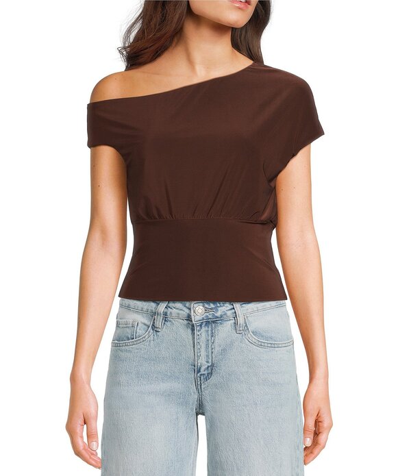モアモア レディース トップス プルオーバー 非対称 Moa Short Sleeve Asymmetrical Neck Top Brown 赤銅色