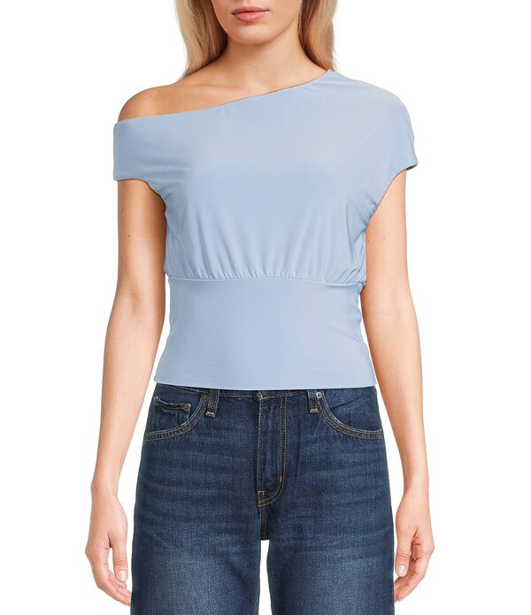 モアモア レディース トップス プルオーバー 非対称 Moa Short Sleeve Asymmetrical Neck Top G Blue 青碧