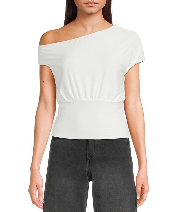 モアモア レディース トップス プルオーバー 非対称 Moa Short Sleeve Asymmetrical Neck Top Ivory 象牙色