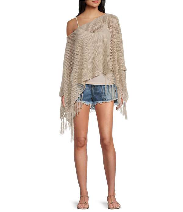 エモリー パーカー レディース トップス プルオーバー フリンジ Emory Park Crochet One Shoulder Fringe Hem Poncho Beige ベージュ