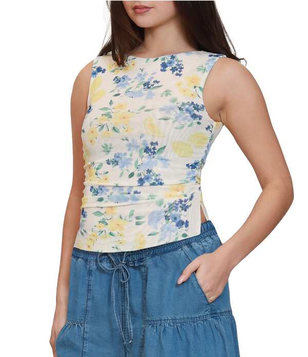 スティーブ マデン レディース トップス プルオーバー 御花柄 刷り上げる メッシュ ノースリーブ 御花 Stevie by Steve Madden Floral Printed Mesh Sleeveless Top Butter Yellow 黄色