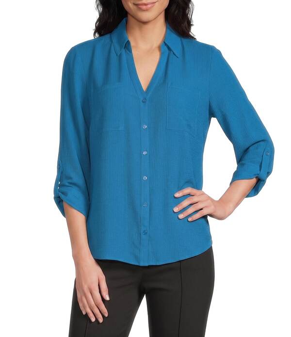 I.N.サンフランシスコ レディース トップス プルオーバー I.N. San Francisco Point Collar 3/4 Sleeve Button Frontop Lagoon